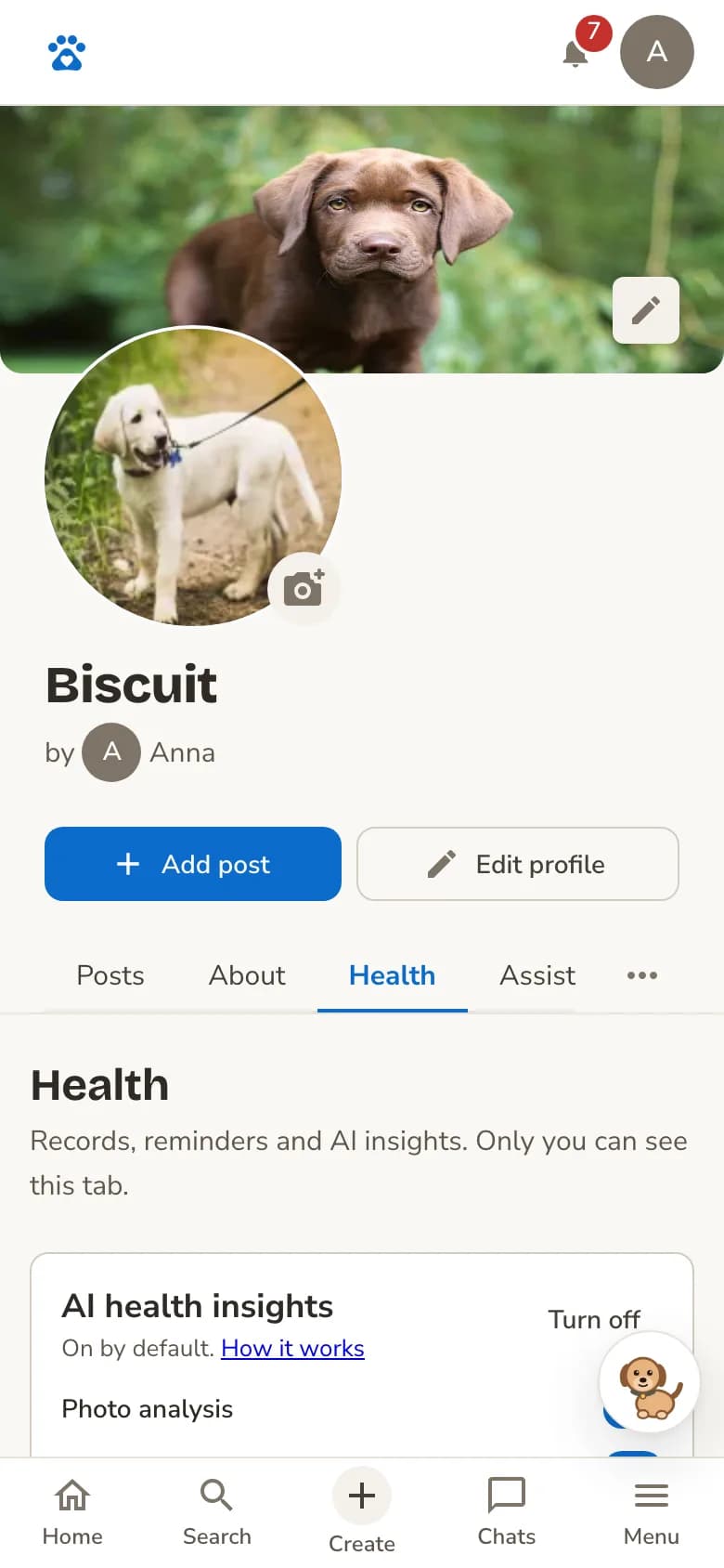 The health tab with AI health insights