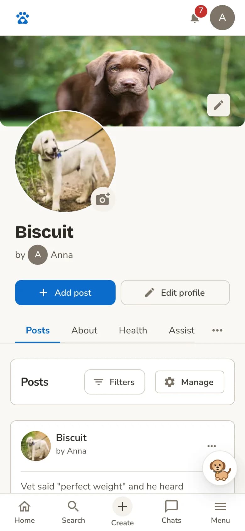 A dog profile with cover photo, avatar and posts
