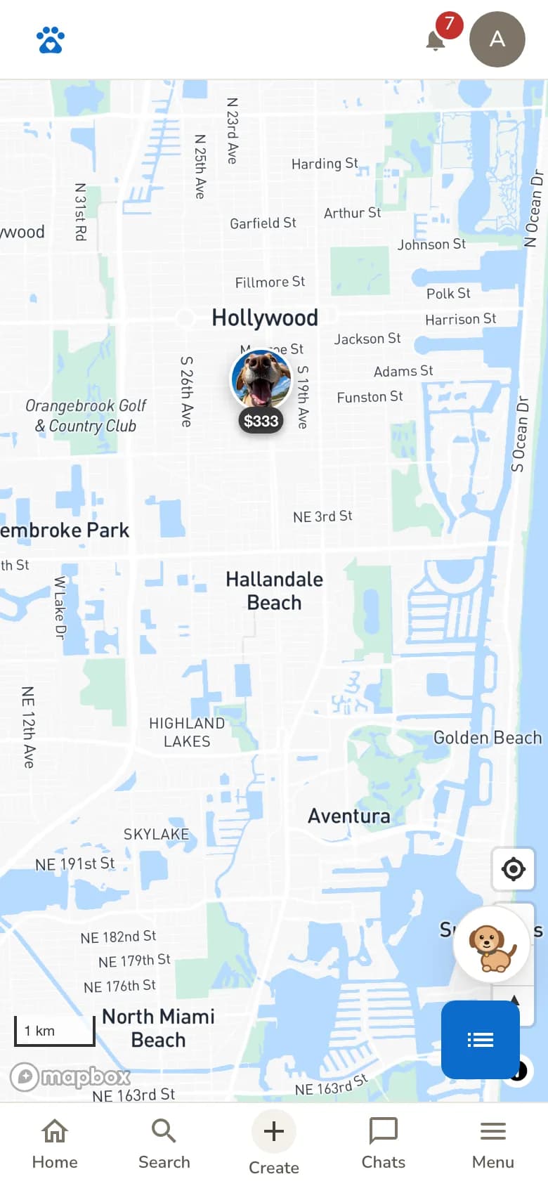 A map with puppy listings