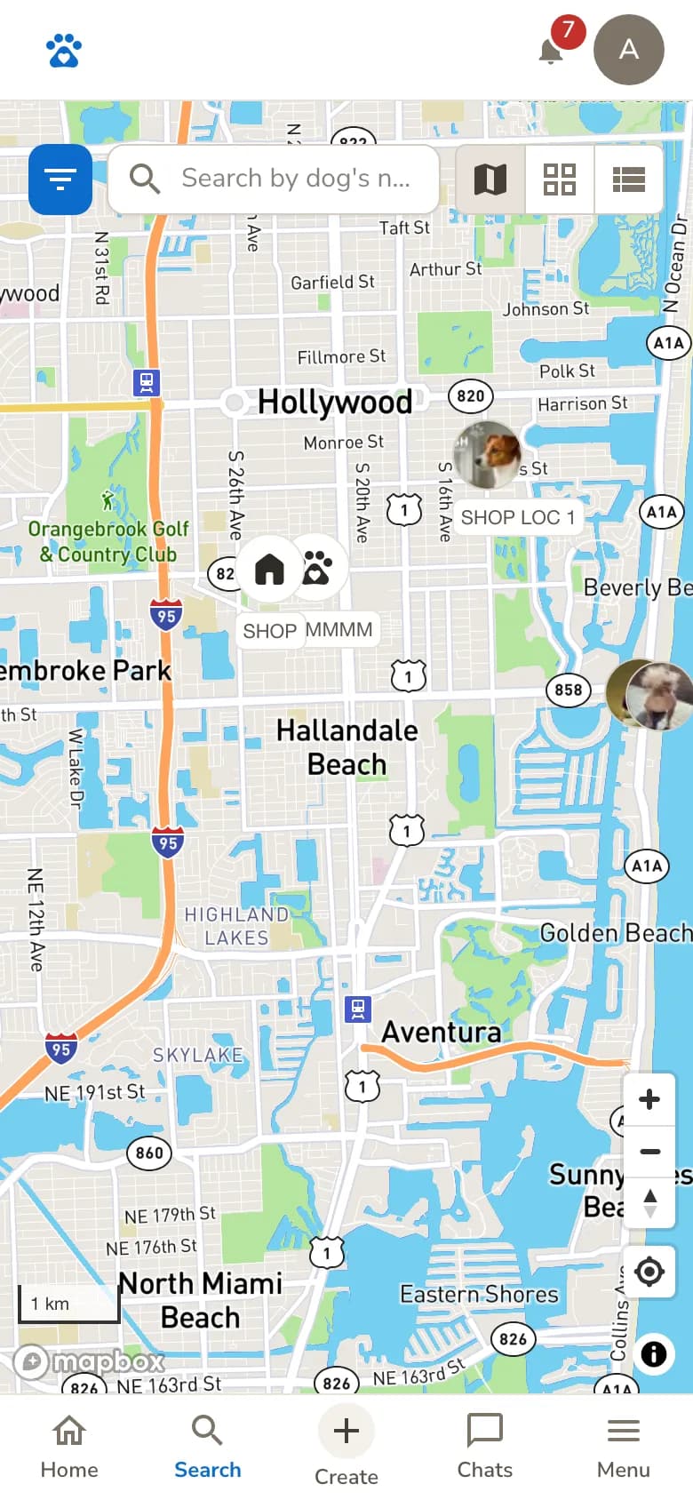 A map with dogs and businesses nearby